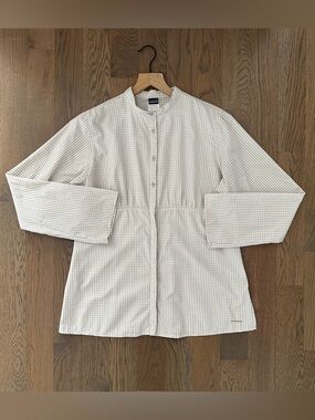 Patagonia Women's Gingham Print Band Collar Button Front Shirt Tan White 14 / L